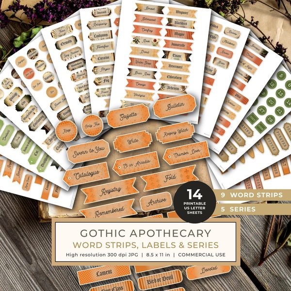 Word Strips and Labels: 14 Printable Journaling Sheets - Gothic Apothecary - Commercial Use