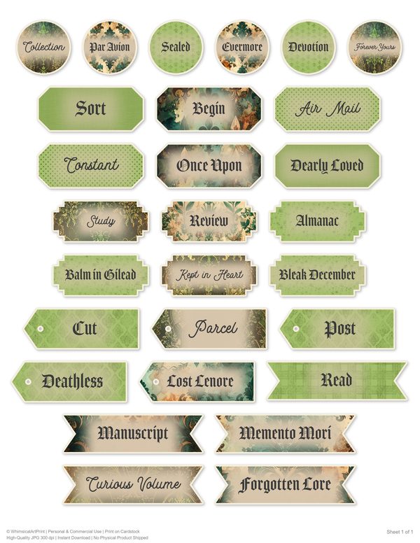 Word Strips and Labels: 14 Printable Journaling Sheets - Gothic Apothecary - Commercial Use — image 2