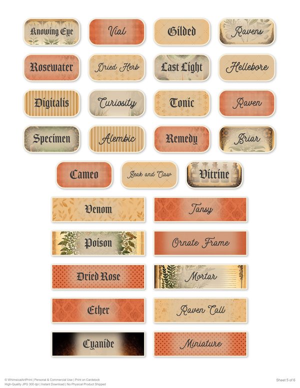 Word Strips and Labels: 14 Printable Journaling Sheets - Gothic Apothecary - Commercial Use — image 8