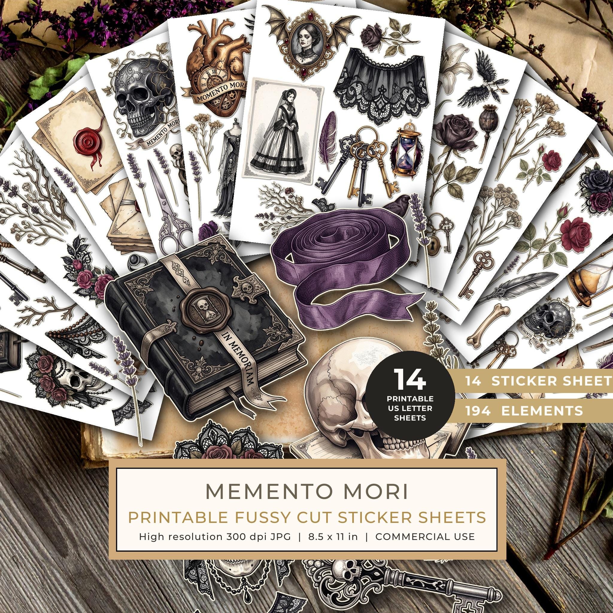 Fussy Cut Stickers: 14 Printable Ephemera Sheets - Memento Mori - Commercial Use