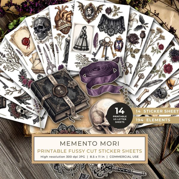 Fussy Cut Stickers: 14 Printable Ephemera Sheets - Memento Mori - Commercial Use