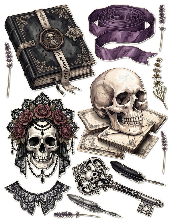 Fussy Cut Stickers: 14 Printable Ephemera Sheets - Memento Mori - Commercial Use — image 1