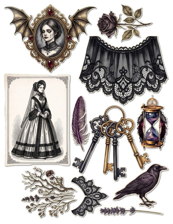 Fussy Cut Stickers: 14 Printable Ephemera Sheets - Memento Mori - Commercial Use — image 7