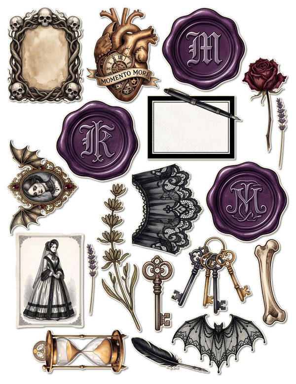 Fussy Cut Stickers: 14 Printable Ephemera Sheets - Memento Mori - Commercial Use — image 13