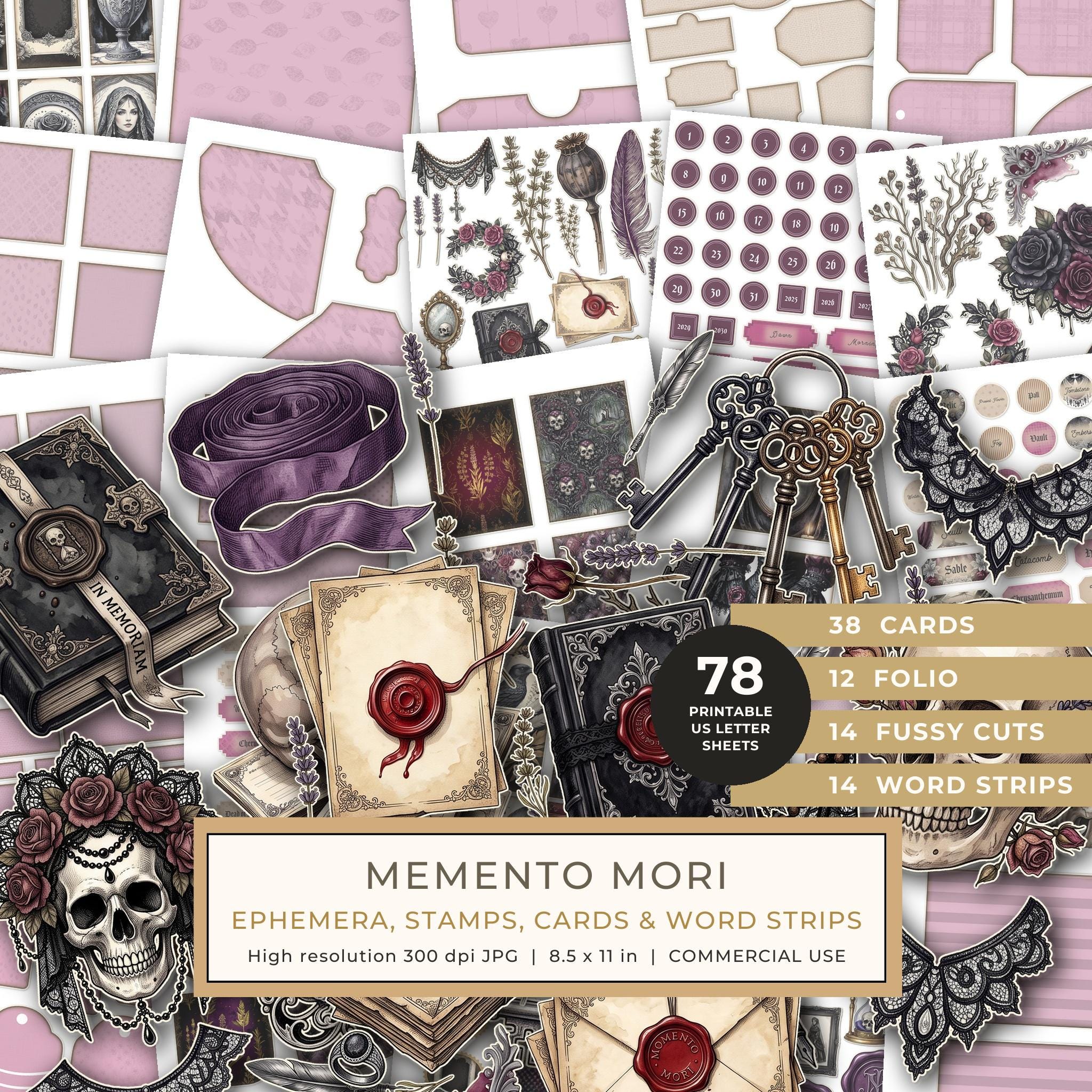 Ephemera Kit: 78 Printable Cards, Tags and Word Strips - Memento Mori - Commercial Use