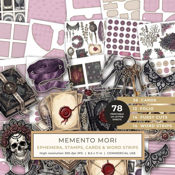 Ephemera Kit: 78 Printable Cards, Tags and Word Strips - Memento Mori - Commercial Use