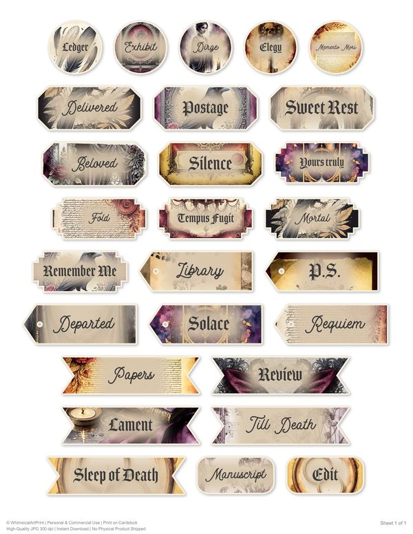 Ephemera Kit: 78 Printable Cards, Tags and Word Strips - Memento Mori - Commercial Use — image 53