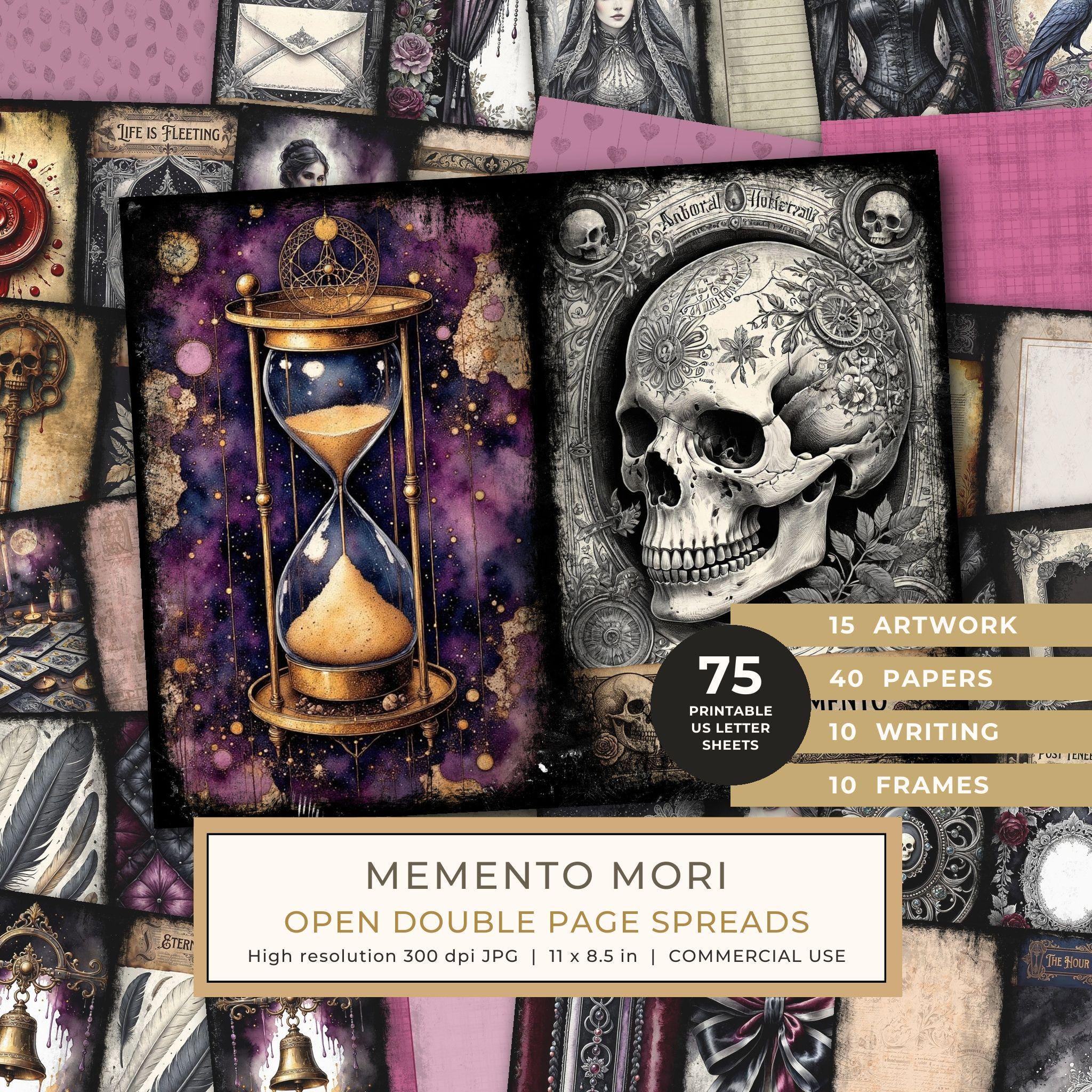 Junk Journal Spreads: 75 Open Book Planner Pages - Memento Mori - Commercial Use