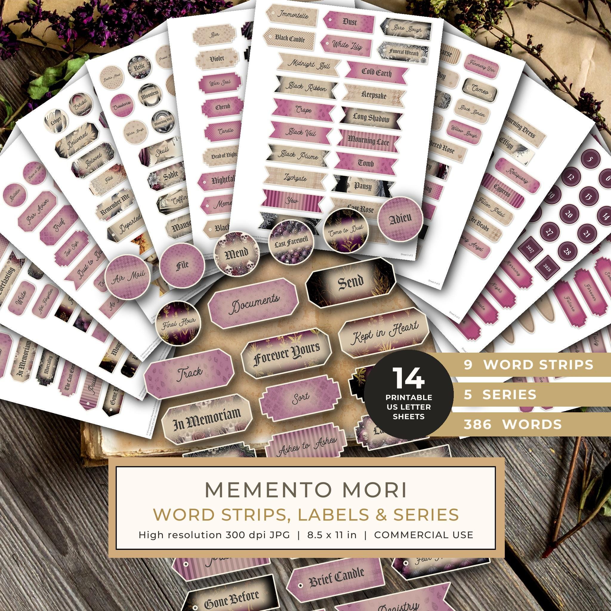 Word Strips and Labels: 14 Printable Journaling Sheets - Memento Mori - Commercial Use