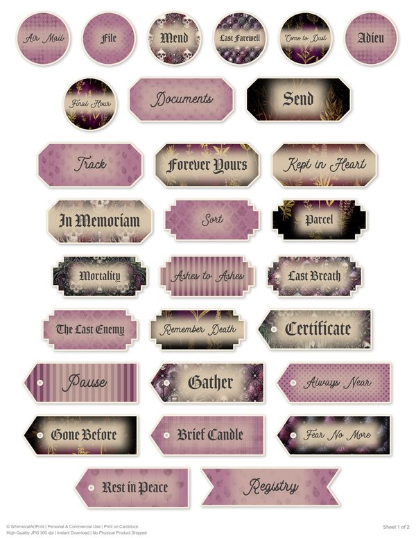 Word Strips and Labels: 14 Printable Journaling Sheets - Memento Mori - Commercial Use — image 1