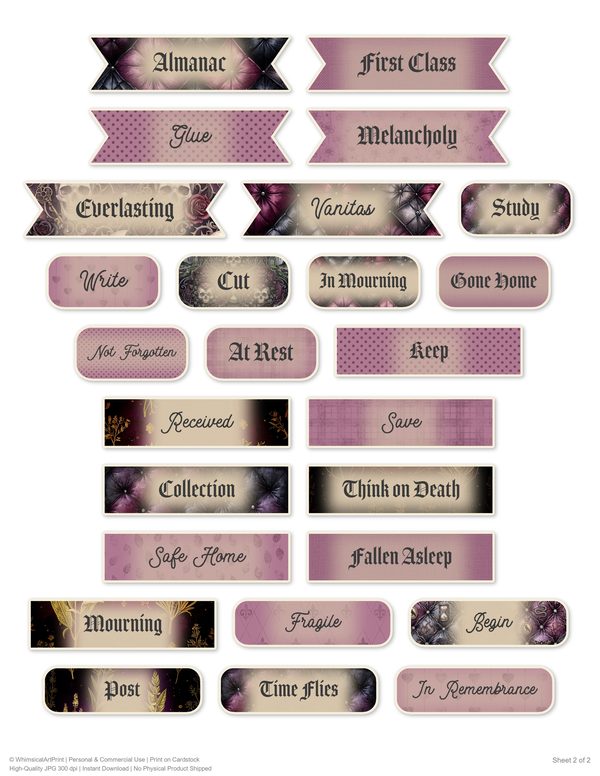 Word Strips and Labels: 14 Printable Journaling Sheets - Memento Mori - Commercial Use — image 2