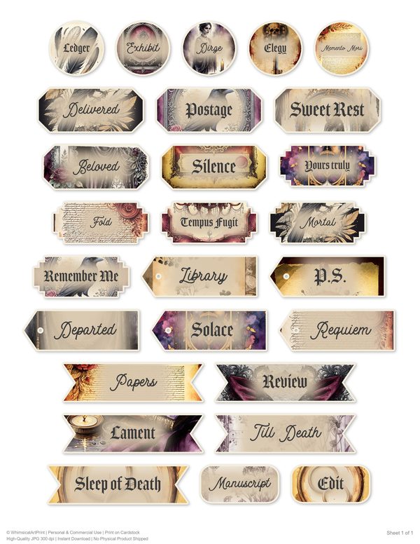 Word Strips and Labels: 14 Printable Journaling Sheets - Memento Mori - Commercial Use — image 4