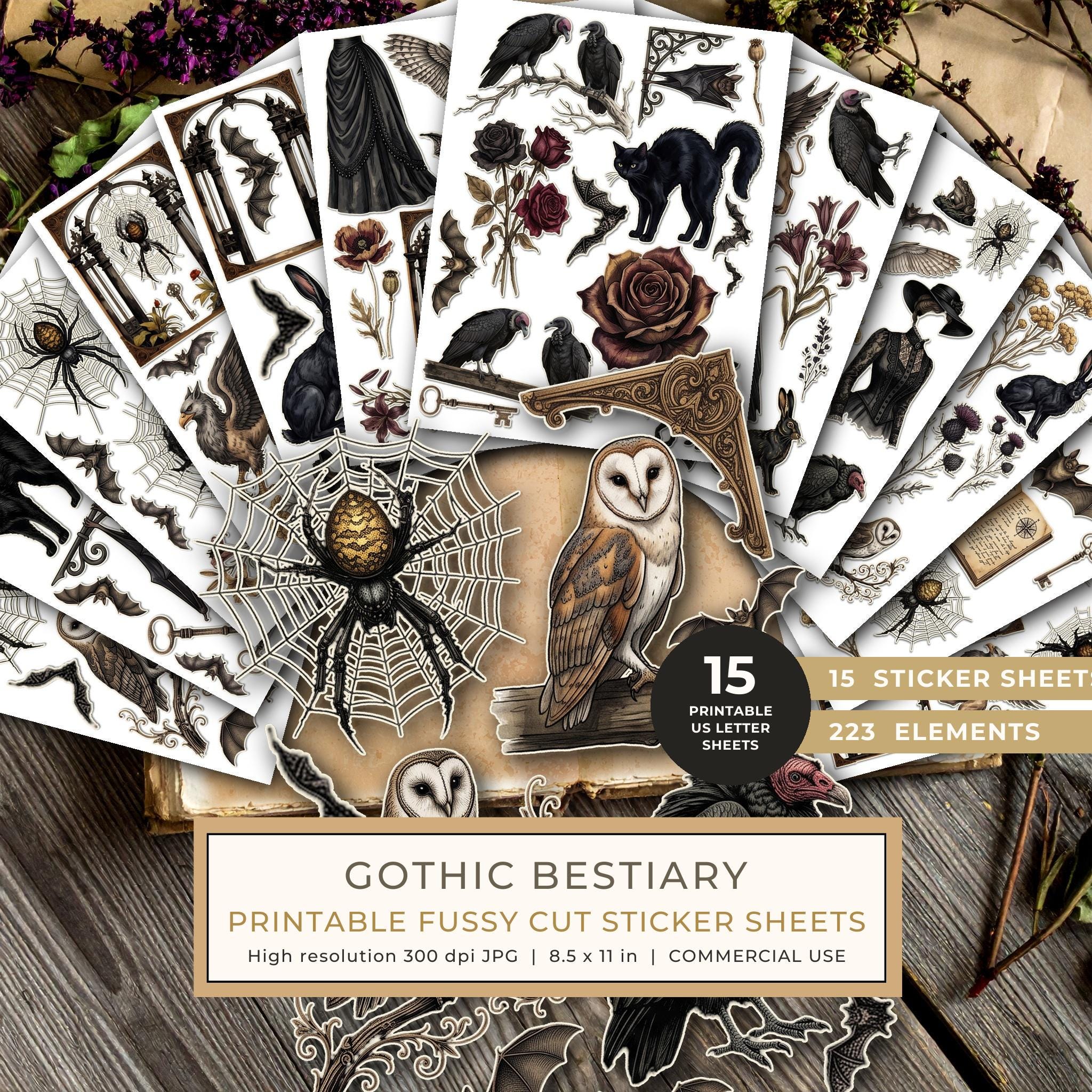 Fussy Cut Stickers: 15 Printable Ephemera Sheets - Gothic Bestiary - Commercial Use