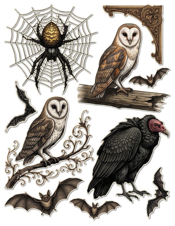 Fussy Cut Stickers: 15 Printable Ephemera Sheets - Gothic Bestiary - Commercial Use — image 1