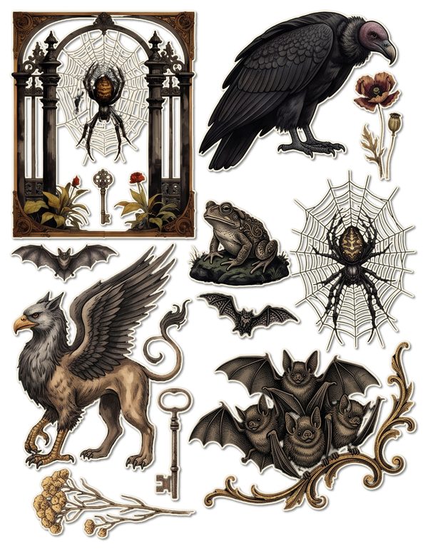 Fussy Cut Stickers: 15 Printable Ephemera Sheets - Gothic Bestiary - Commercial Use — image 4