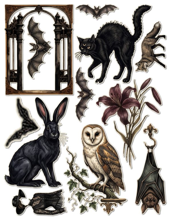 Fussy Cut Stickers: 15 Printable Ephemera Sheets - Gothic Bestiary - Commercial Use — image 5