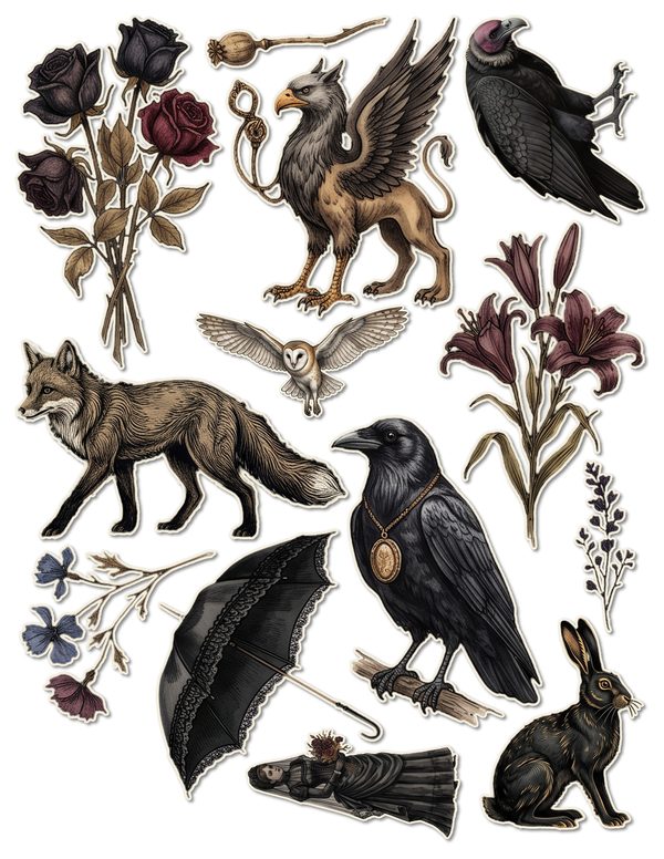 Fussy Cut Stickers: 15 Printable Ephemera Sheets - Gothic Bestiary - Commercial Use — image 8