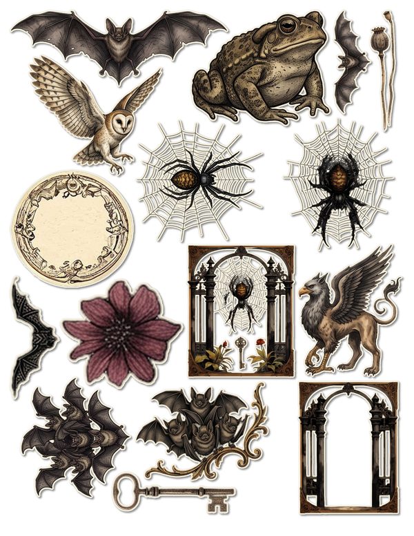 Fussy Cut Stickers: 15 Printable Ephemera Sheets - Gothic Bestiary - Commercial Use — image 12