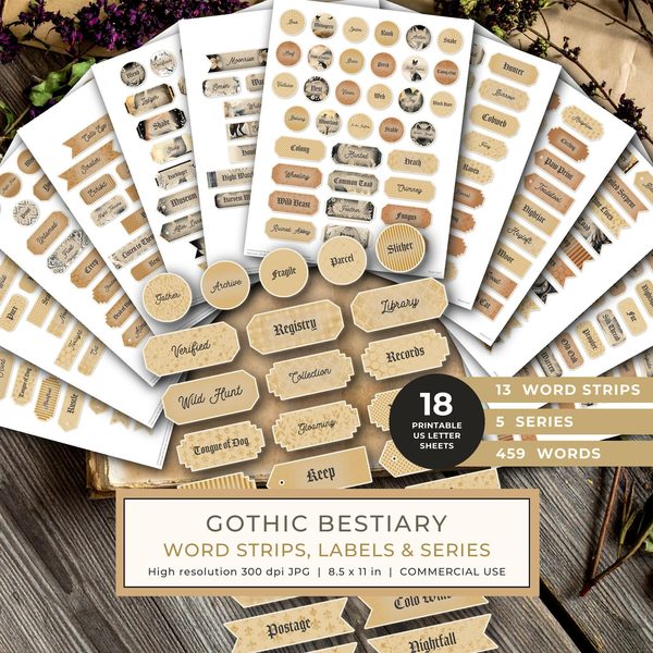 Word Strips and Labels: 18 Printable Journaling Sheets - Gothic Bestiary - Commercial Use