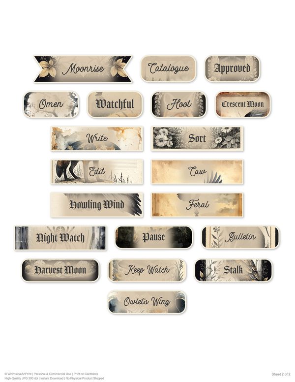 Word Strips and Labels: 18 Printable Journaling Sheets - Gothic Bestiary - Commercial Use — image 6