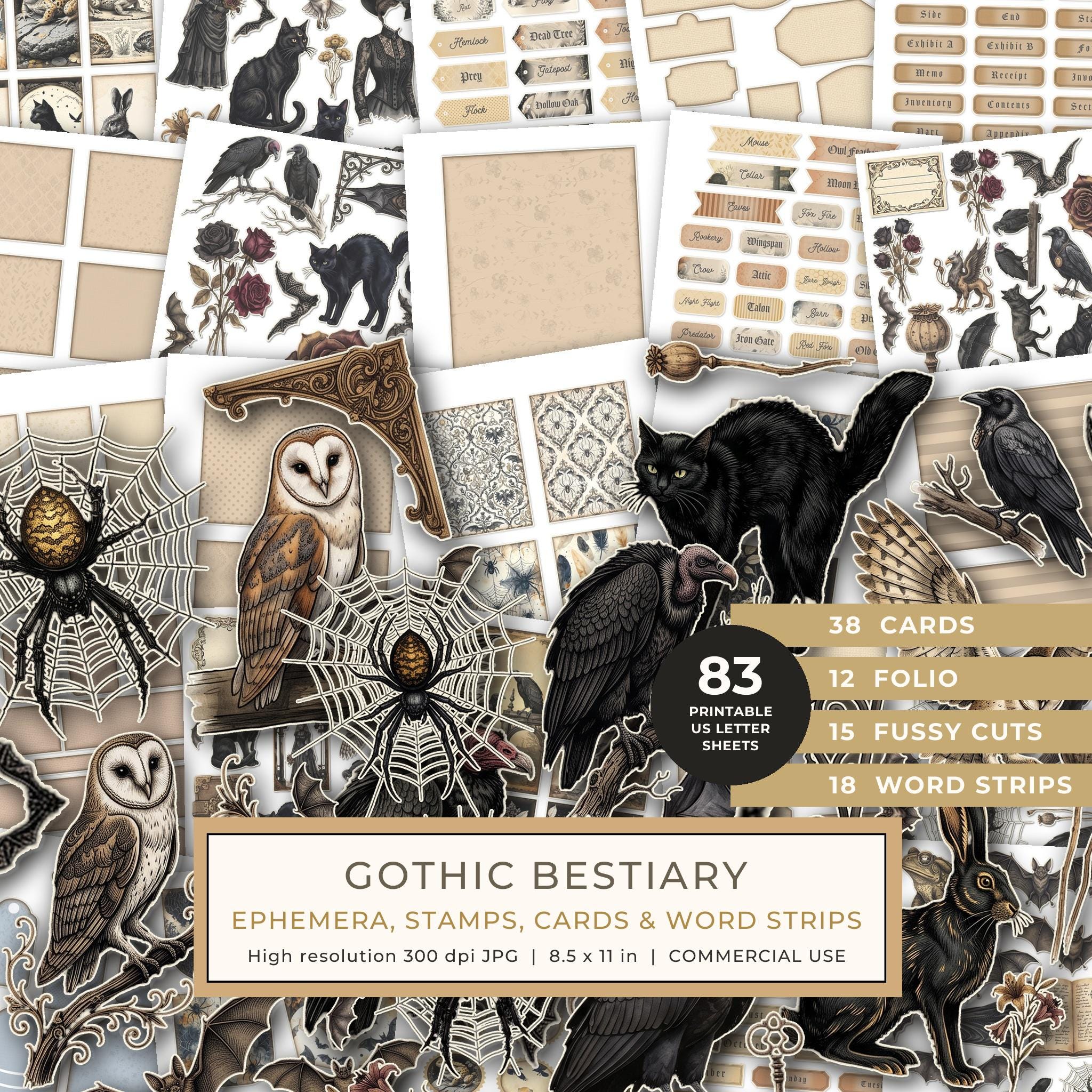 Ephemera Kit: 83 Printable Cards, Tags and Word Strips - Gothic Bestiary - Commercial Use