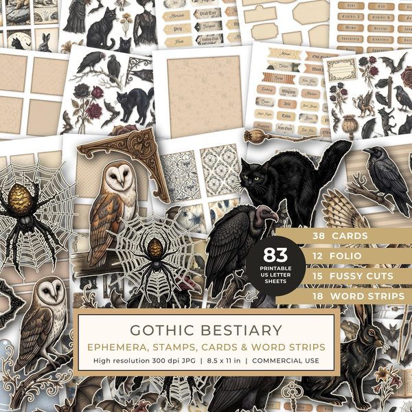 Ephemera Kit: 83 Printable Cards, Tags and Word Strips - Gothic Bestiary - Commercial Use