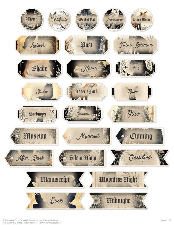 Ephemera Kit: 83 Printable Cards, Tags and Word Strips - Gothic Bestiary - Commercial Use — image 54