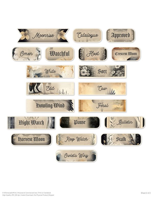 Ephemera Kit: 83 Printable Cards, Tags and Word Strips - Gothic Bestiary - Commercial Use — image 55