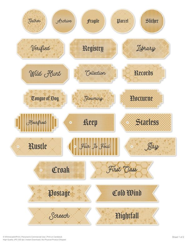 Ephemera Kit: 83 Printable Cards, Tags and Word Strips - Gothic Bestiary - Commercial Use — image 56