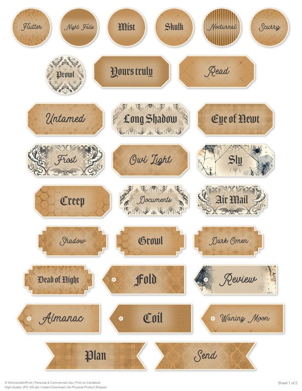 Ephemera Kit: 83 Printable Cards, Tags and Word Strips - Gothic Bestiary - Commercial Use — image 58