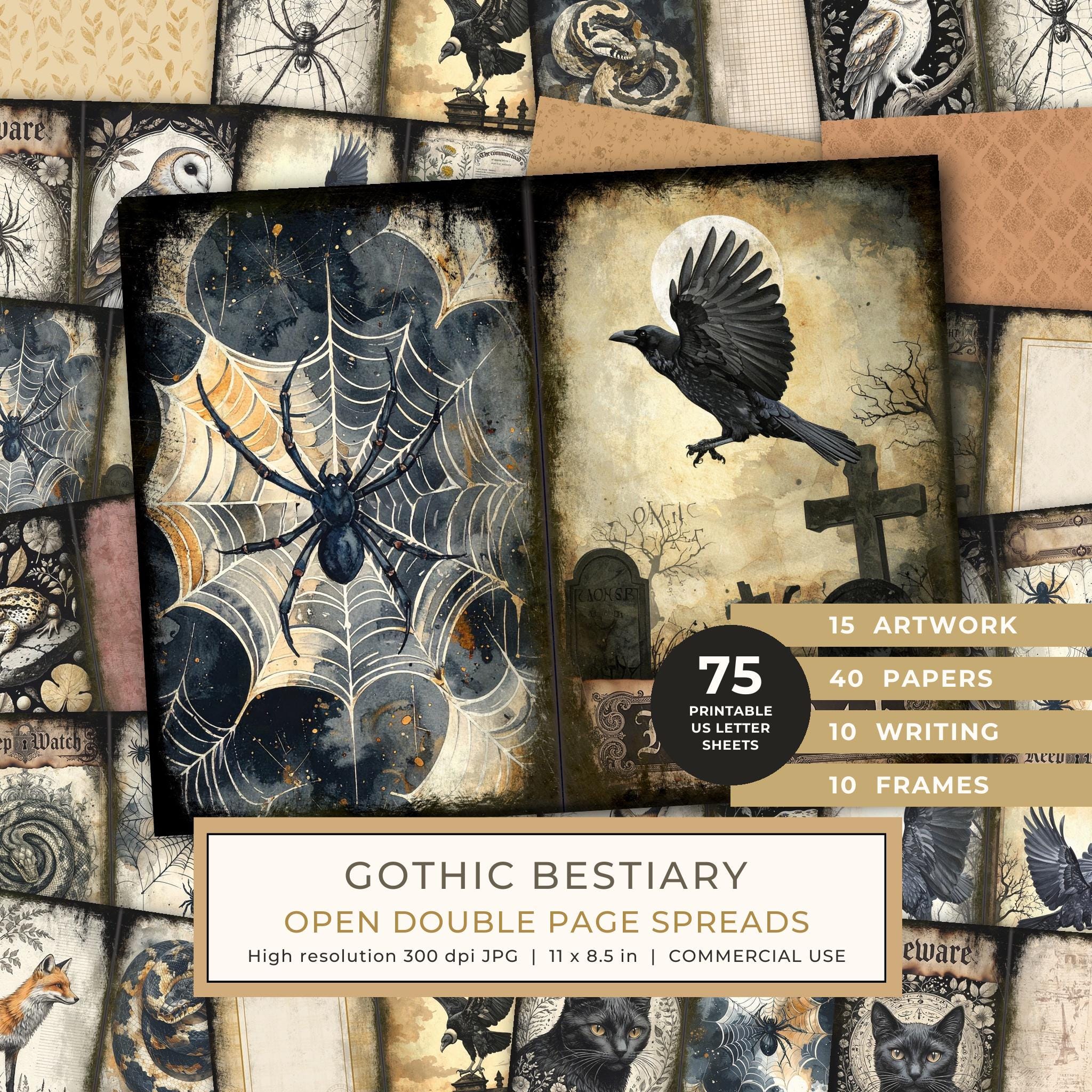 Junk Journal Spreads: 75 Open Book Planner Pages - Gothic Bestiary - Commercial Use