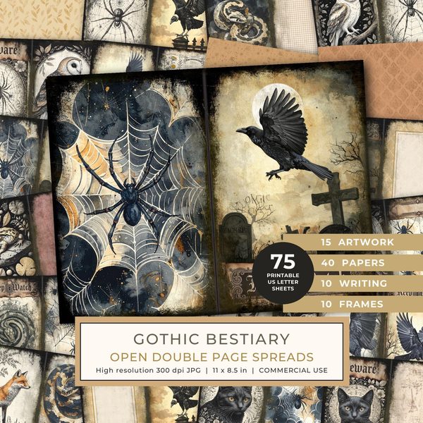 Junk Journal Spreads: 75 Open Book Planner Pages - Gothic Bestiary - Commercial Use