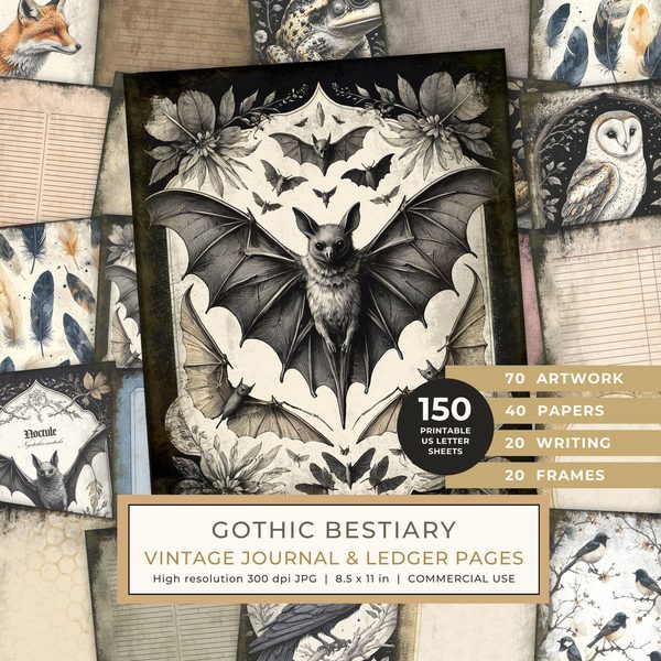 Junk Journal Pages: 150 Printable Sheets - Gothic Bestiary - Commercial Use