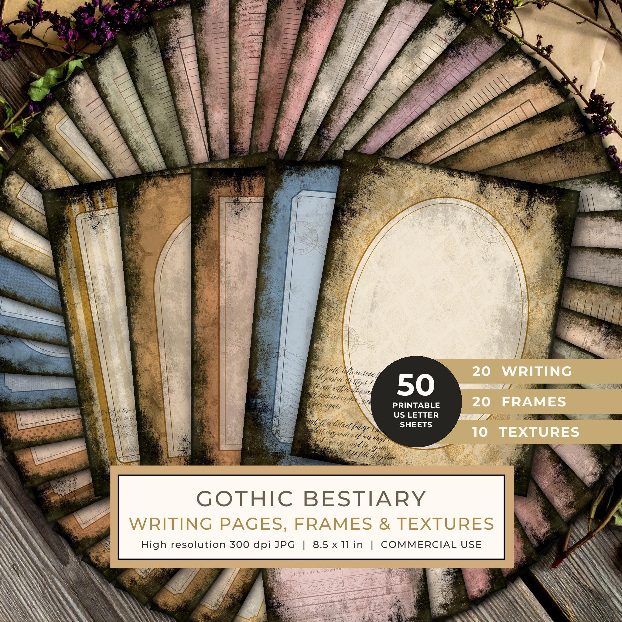 Journal Writing Pages: 50 Lined Frames and Textures - Gothic Bestiary - Commercial Use