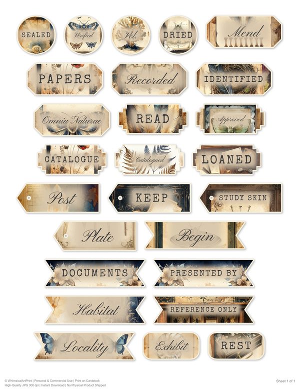 Ephemera Kit: 84 Printable Cards, Tags and Word Strips - Cabinet of Curiosities - Commercial Use — image 57