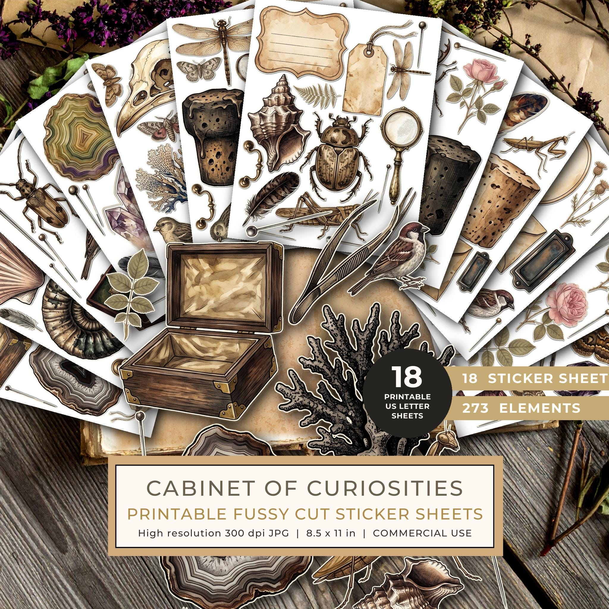 Fussy Cut Stickers: 18 Printable Ephemera Sheets - Cabinet of Curiosities - Commercial Use