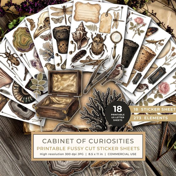 Fussy Cut Stickers: 18 Printable Ephemera Sheets - Cabinet of Curiosities - Commercial Use