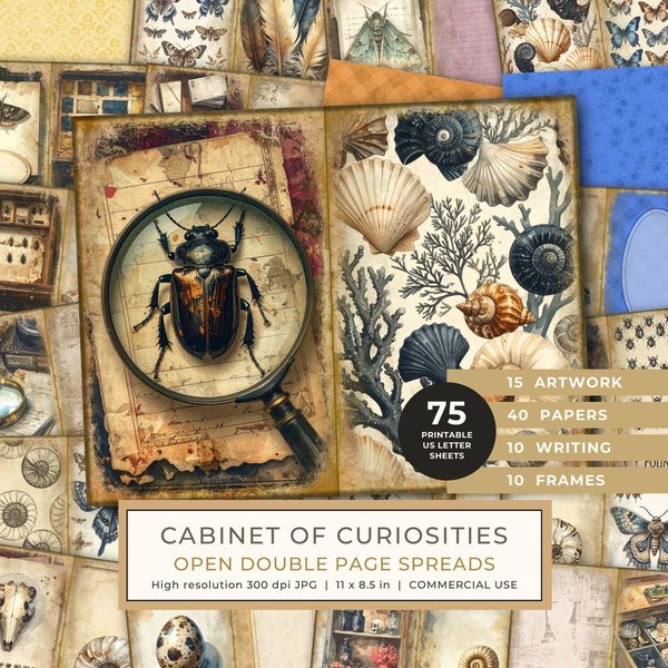 Junk Journal Spreads: 75 Open Book Planner Pages - Cabinet of Curiosities - Commercial Use