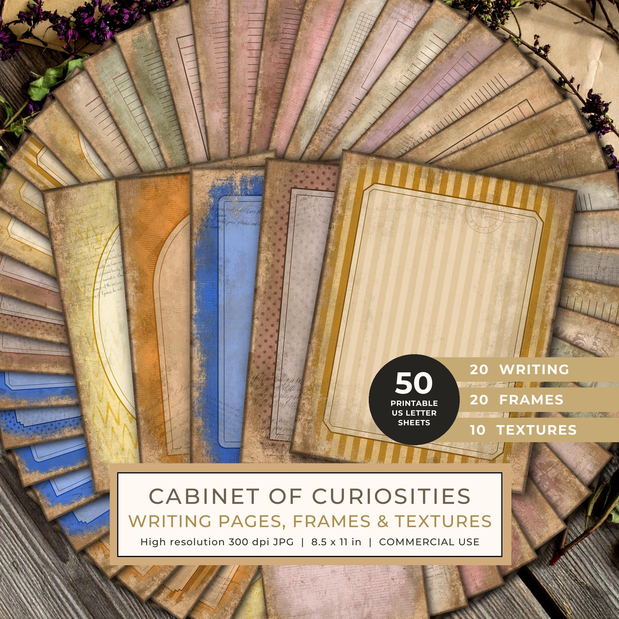 Journal Writing Pages: 50 Lined Frames and Textures - Cabinet of Curiosities - Commercial Use