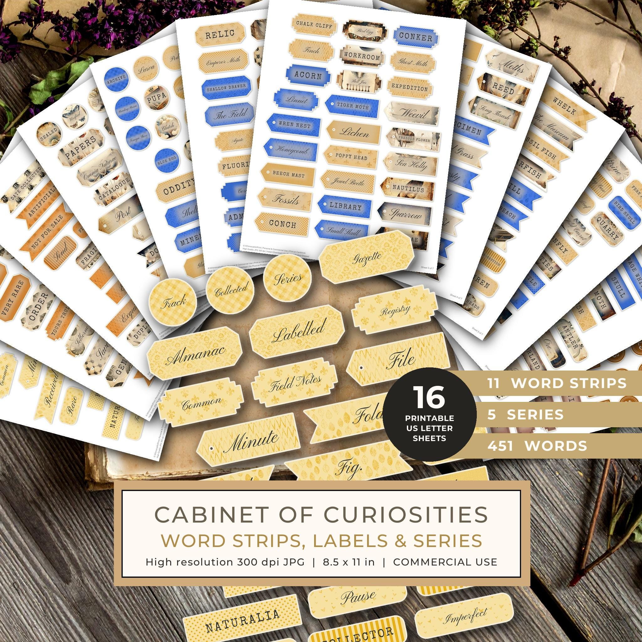 Word Strips and Labels: 16 Printable Journaling Sheets - Cabinet of Curiosities - Commercial Use