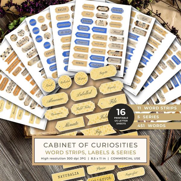 Word Strips and Labels: 16 Printable Journaling Sheets - Cabinet of Curiosities - Commercial Use