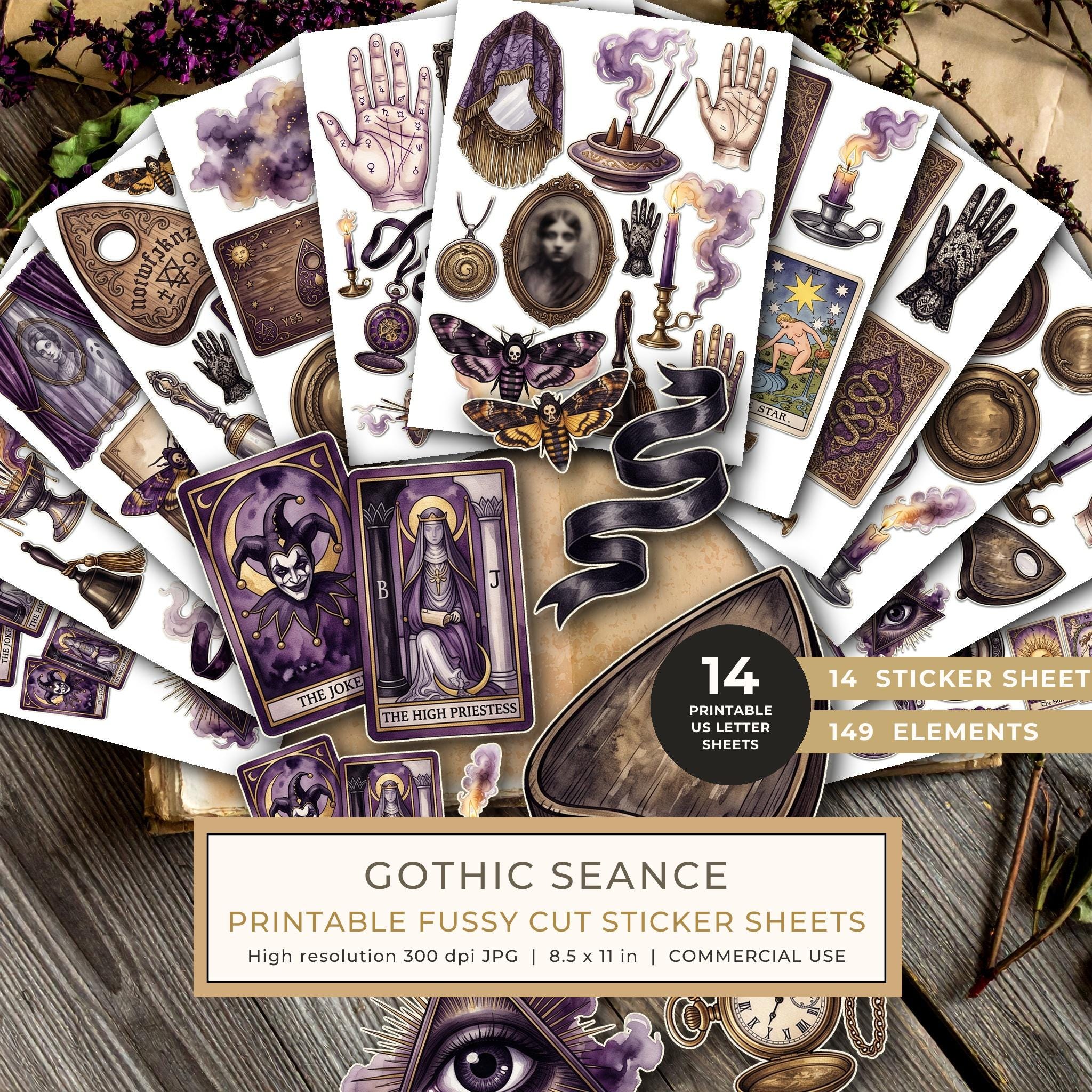 Fussy Cut Stickers: 14 Printable Ephemera Sheets - Gothic Seance - Commercial Use
