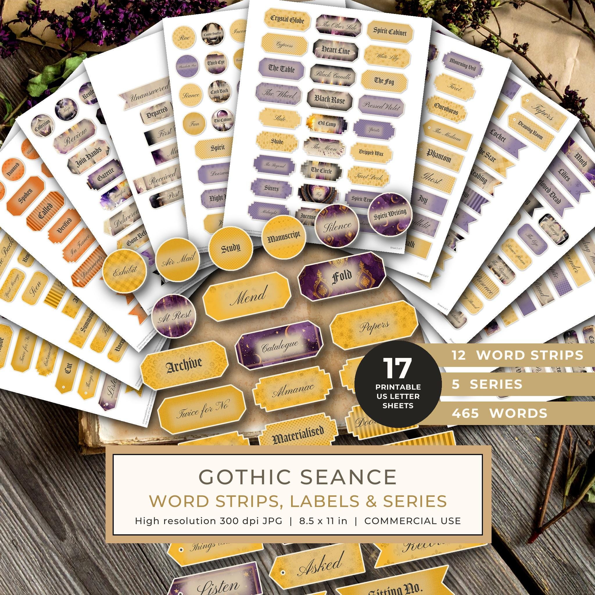 Word Strips and Labels: 17 Printable Journaling Sheets - Gothic Seance - Commercial Use