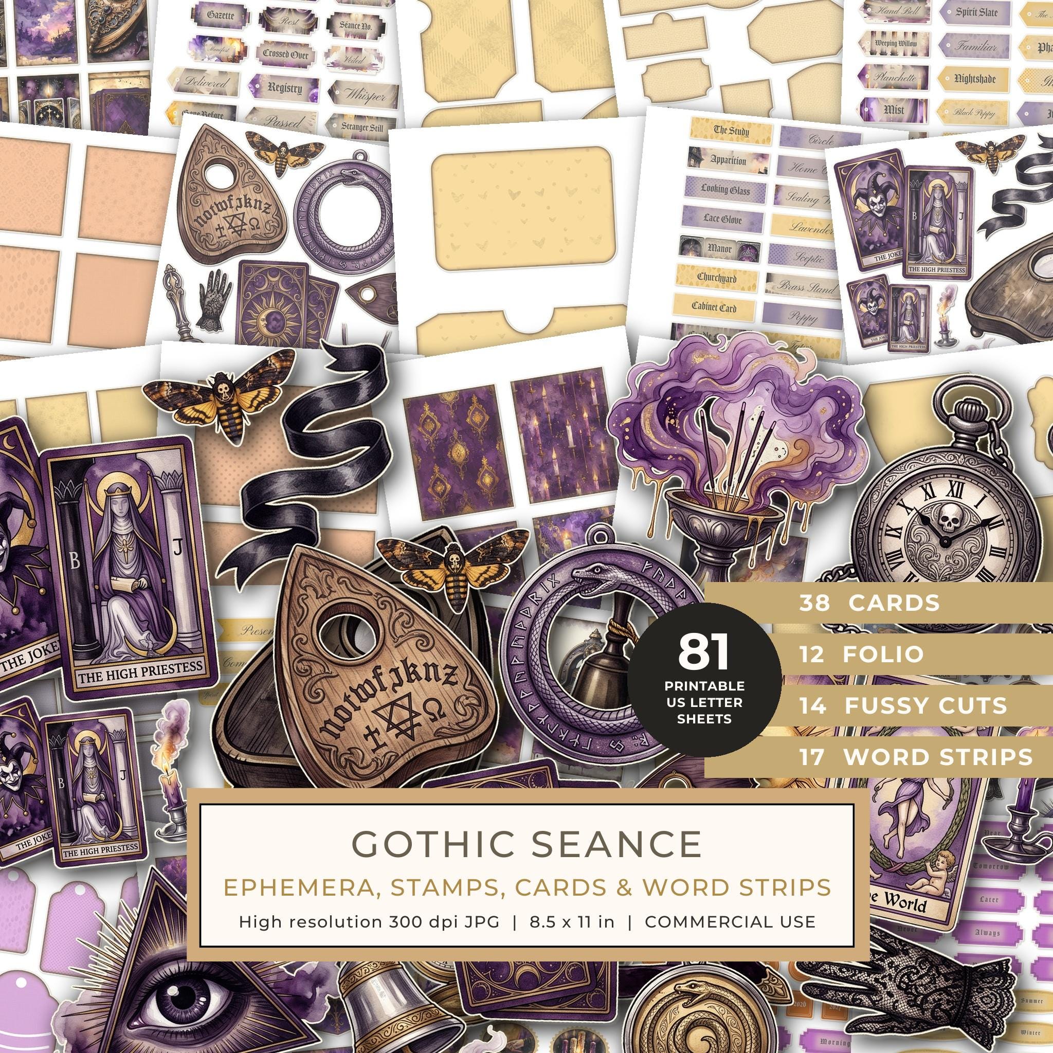 Ephemera Kit: 81 Printable Cards, Tags and Word Strips - Gothic Seance - Commercial Use