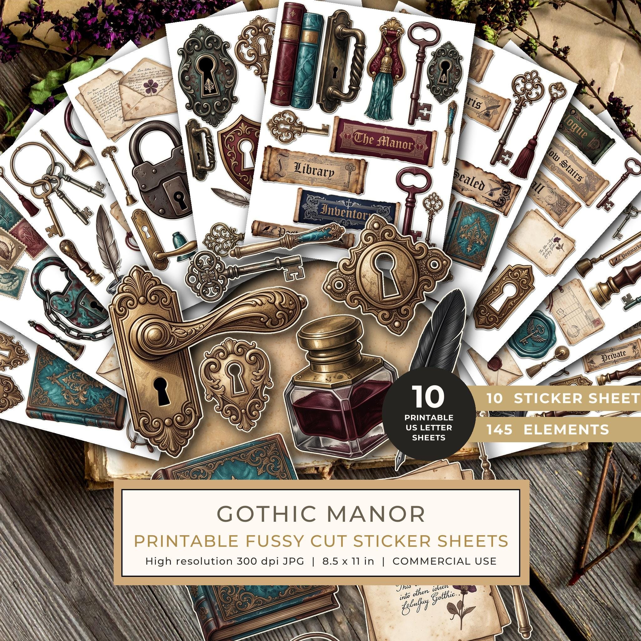 Fussy Cut Stickers: 10 Printable Ephemera Sheets - Gothic Manor - Commercial Use