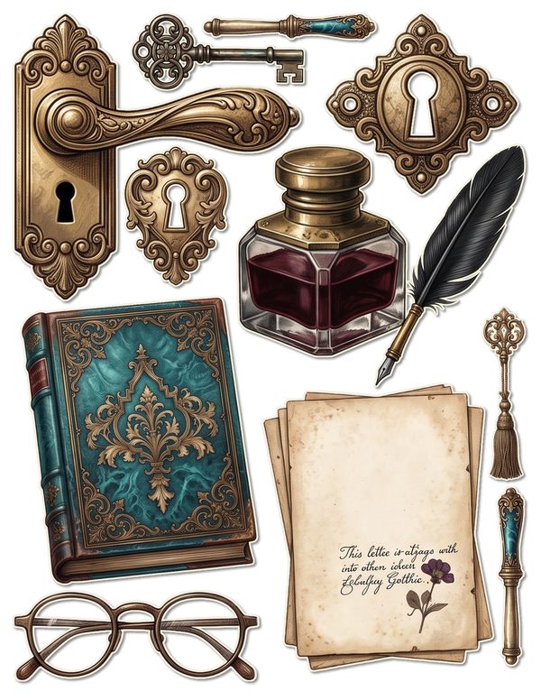 Fussy Cut Stickers: 10 Printable Ephemera Sheets - Gothic Manor - Commercial Use — image 1