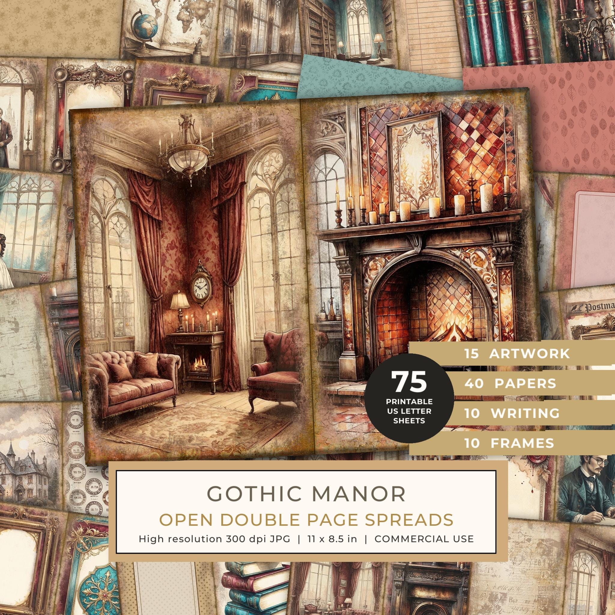 Junk Journal Spreads: 75 Open Book Planner Pages - Gothic Manor - Commercial Use