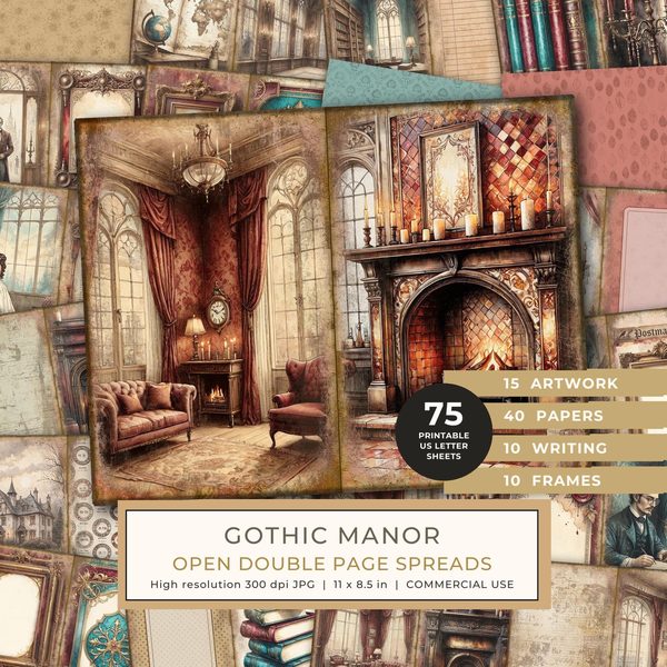 Junk Journal Spreads: 75 Open Book Planner Pages - Gothic Manor - Commercial Use