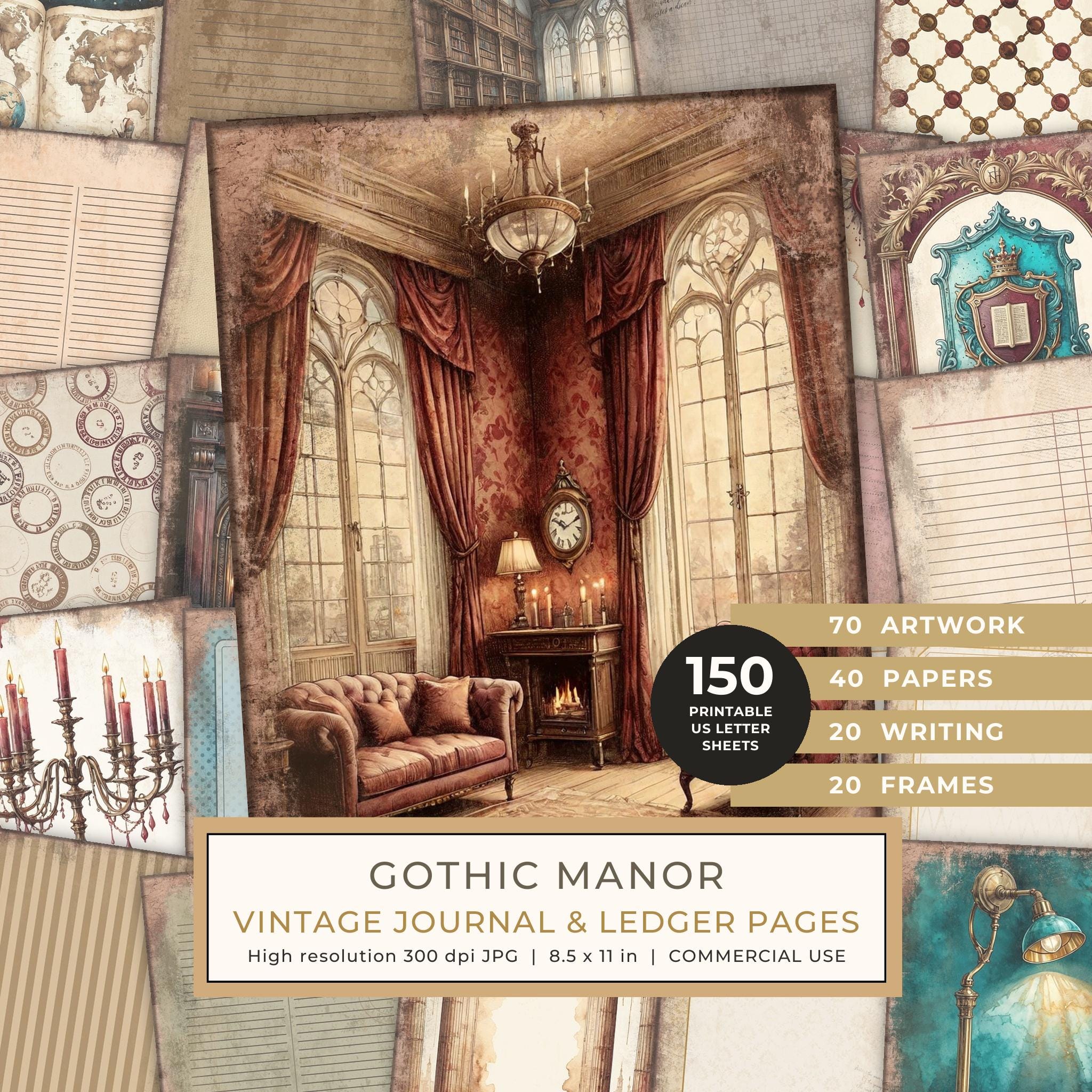Junk Journal Pages: 150 Printable Sheets - Gothic Manor - Commercial Use