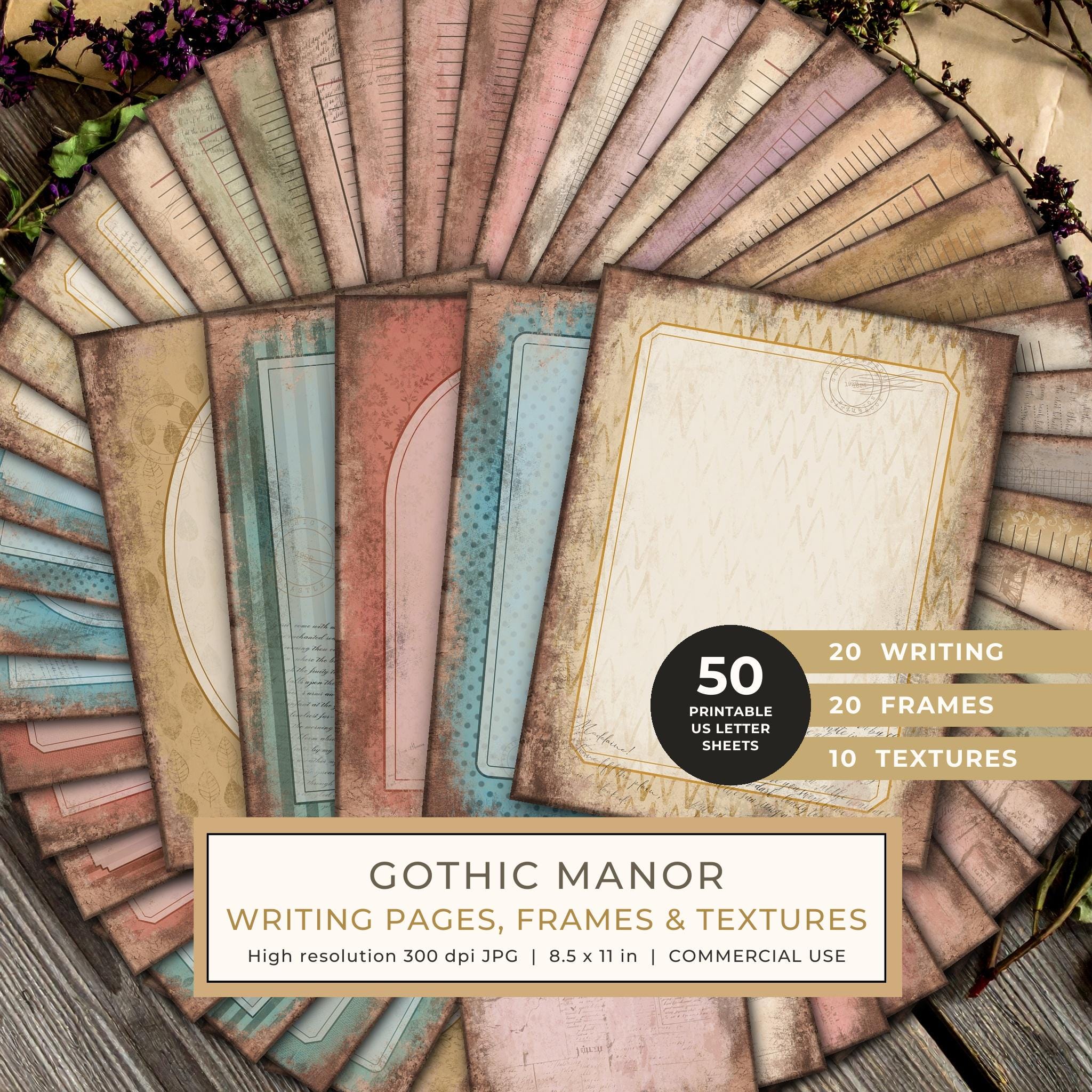 Journal Writing Pages: 50 Lined Frames and Textures - Gothic Manor - Commercial Use